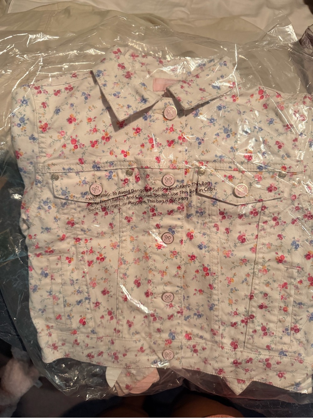 LoveShackFancy Cream Denim Jacket with Pink & Blue Floral Print